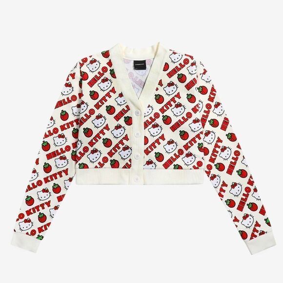 Sanrio Hello Kitty x Dumbgood Cream Red Waffle-Knit Cardigan w Strawberry & HK L - Picture 1 of 13